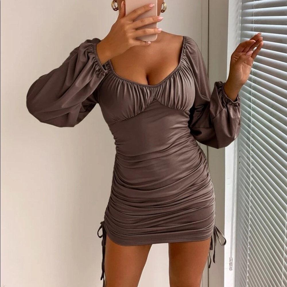Joyfunear Lantern Sleeve Drawstring Ruched Dress